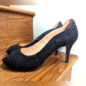 K&M (Kate & Mel) sparkly open toe black heels. size 9.5